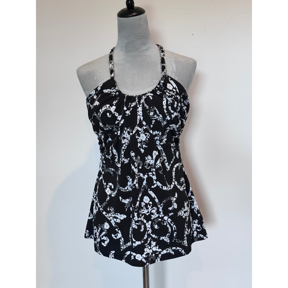White House Black Market Black White Floral Halter Top Chain Strap Medium